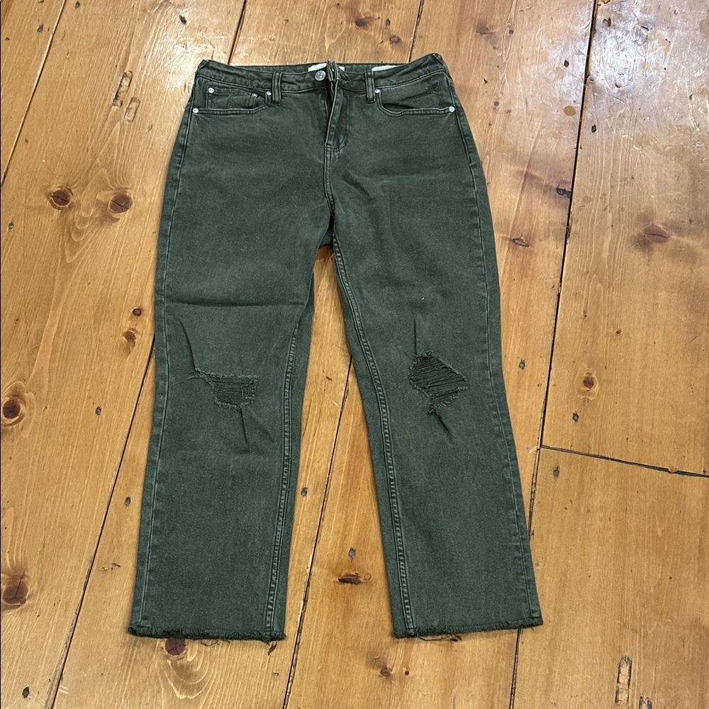 Women's Distressed Straight Leg Jeans - Olive